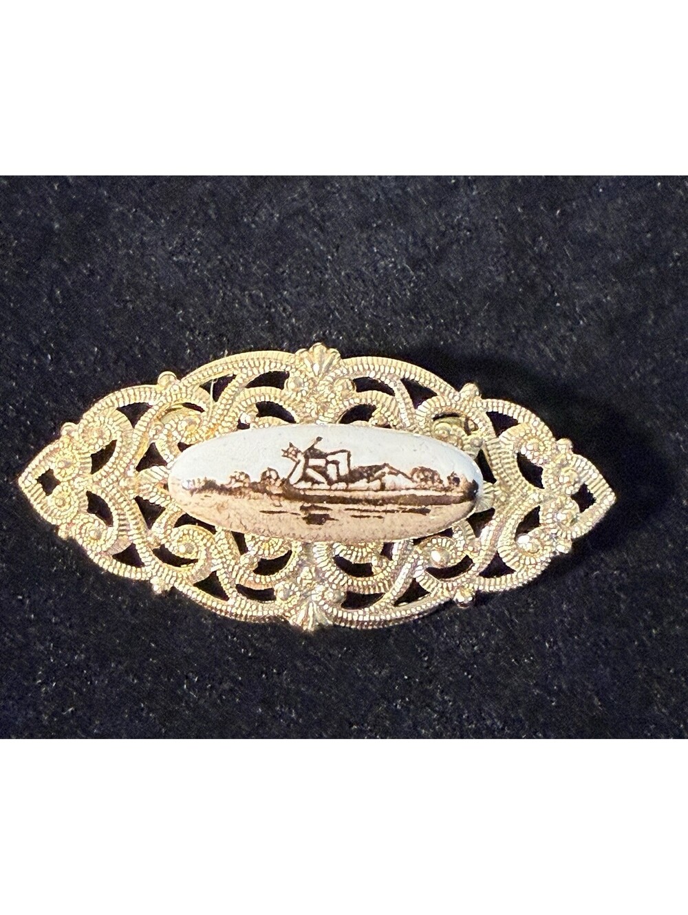 Antique Delft Brooch Pin Gold Tone Painted Brown Porcelain Filigree Windmill